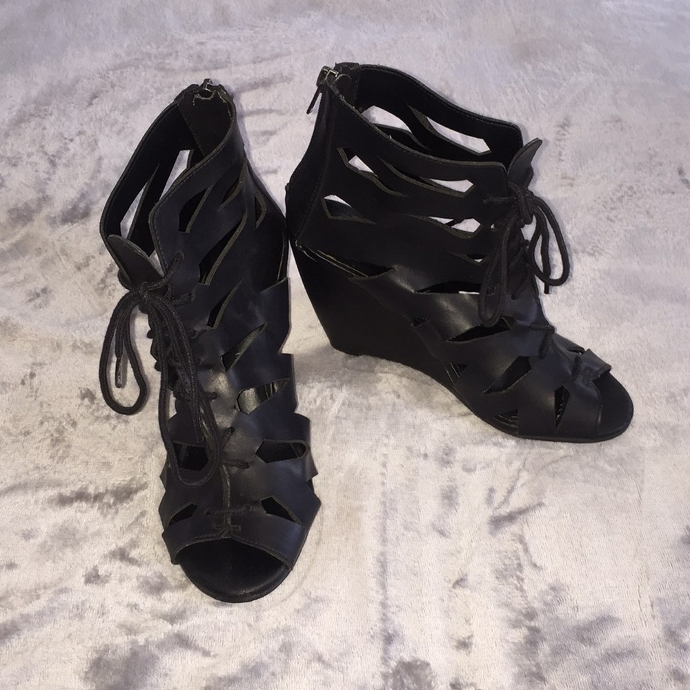 Mia black wedge gladiator heels